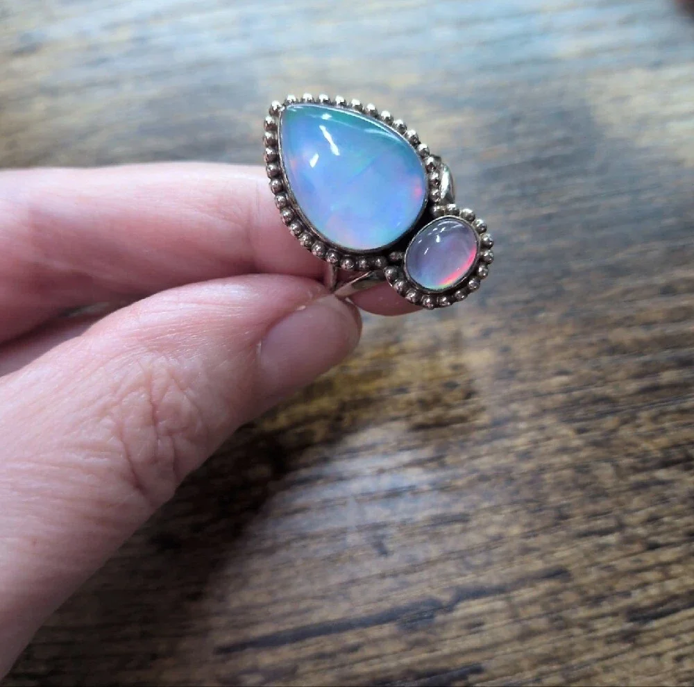 Sterling Teardrop Opal Double Stone Ring - Iridescent Blue-Pink